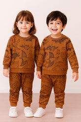 Brown Dinosaur Printed Kids Winter Suit