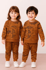 Brown Dinosaur Printed Kids Winter Suit