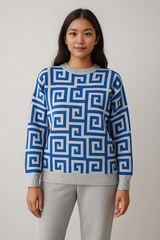 Blue Geometric Knit Sweater
