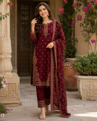 Burgundy Grace Chiffon & Shisha Silk Hand Work 3 Piece Suit