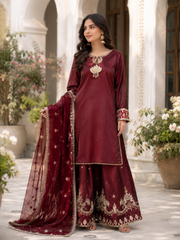 Royal Maroon Chiffon & Shisha Silk Hand Work 3 Piece Suit