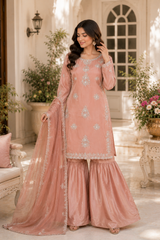 Rose Mist Peach Chiffon & Shisha Silk Hand Work 3 Piece Suit