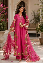 Noor Pink Chiffon & Shisha Silk Hand Work 3 Piece Suit