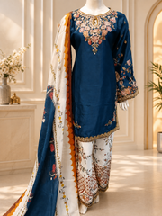 Blue Majesty Chiffon & Shisha Silk Embroidere Hand Work 3 Piece Suit (Copy)