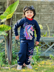 Navy Blue Happy Family Printed Fleece Winter Suit For Kids