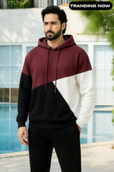 Maroon Black and White Cut and Sew Kangaroo Hoodie
