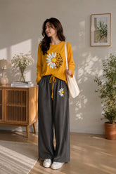 Yellow Flowers with Gray Truser PJs Set