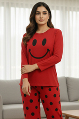 Red Smiley Full Sleeves Night Suit
