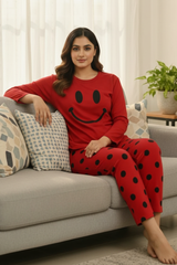 Red Smiley Full Sleeves Night Suit