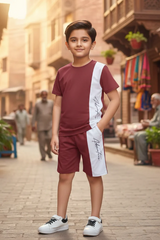 Kids Print T-Shirt & Shorts Set Maroon White Panel