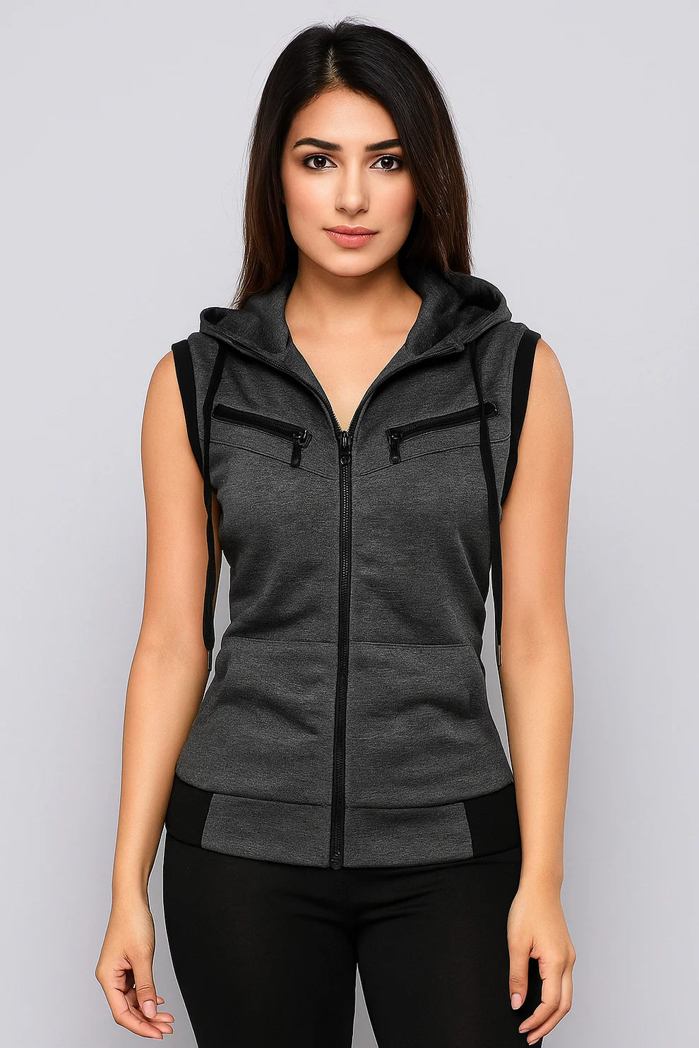 Charcol Sleeveless Hooded Zipper For Women