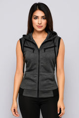 Charcol Sleeveless Hooded Zipper For Women