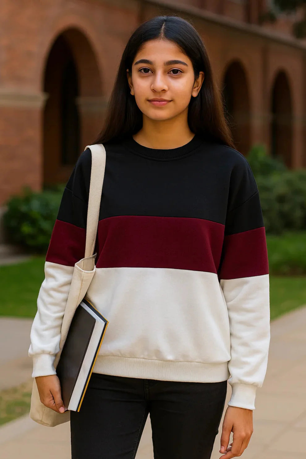 Black Maroon And White Block Sweatshirt For Women