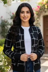 Black Printed Zipper Jacket For Women