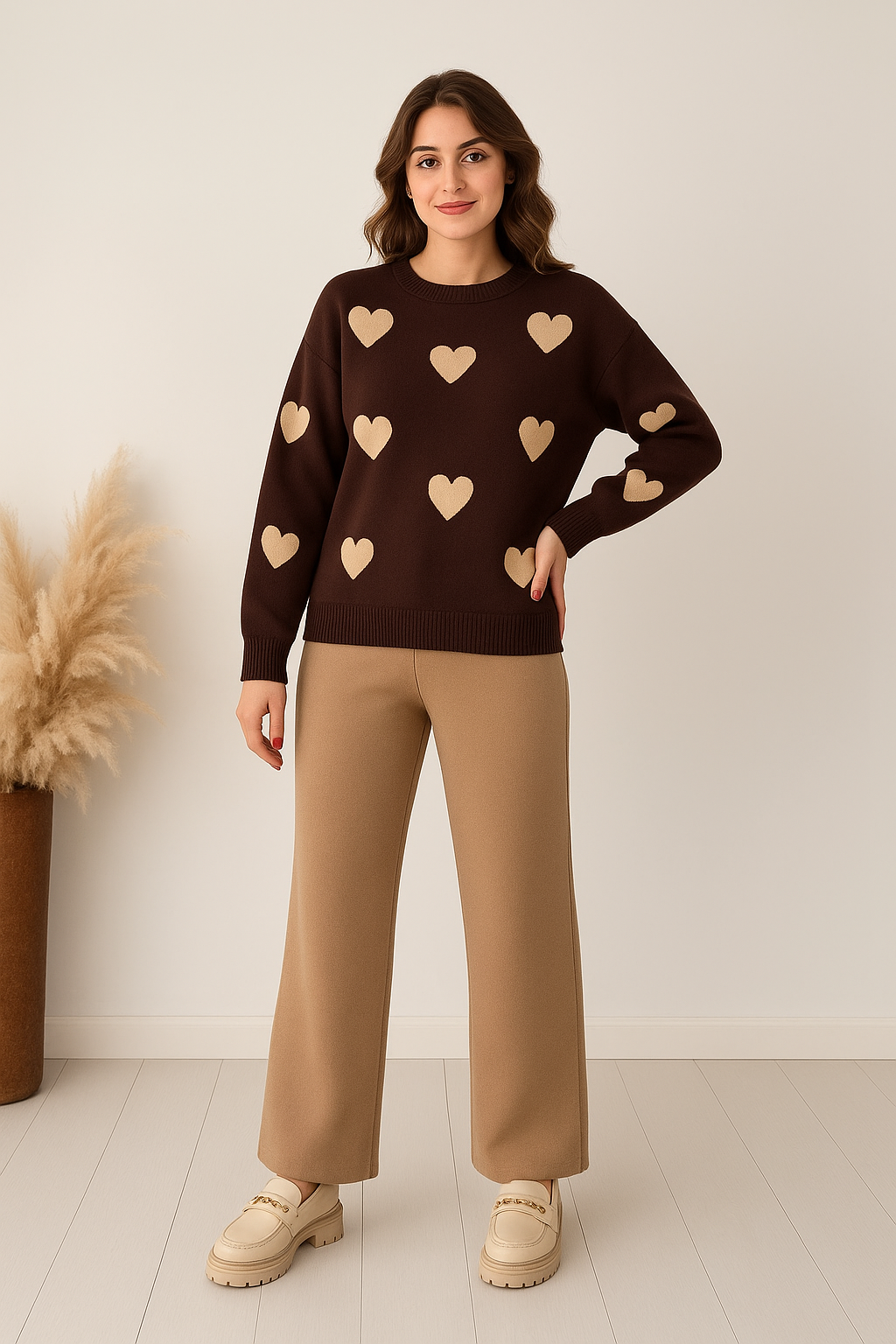 Camel with White Heart Printed Fleece Co-ords Set