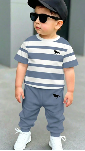 Grey Panel Horse Printed Half Sleeve Kids Suit