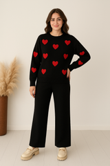Black with Red Heart Printed Fleece Co-ords Set