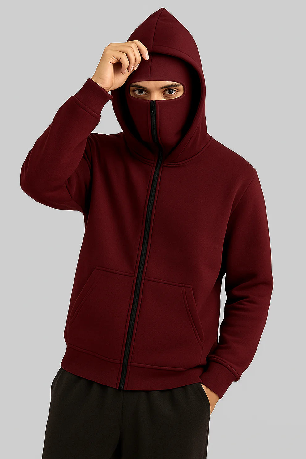 Maroon Balaclava Ninja Zipper Hoodie