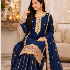 Navy Blue Chiffon  Embroidered  Hand work 3 Piece Suit