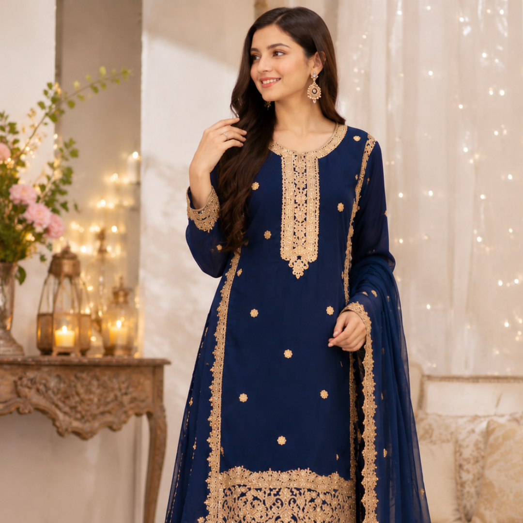 Navy Blue Chiffon  Embroidered  Hand work 3 Piece Suit