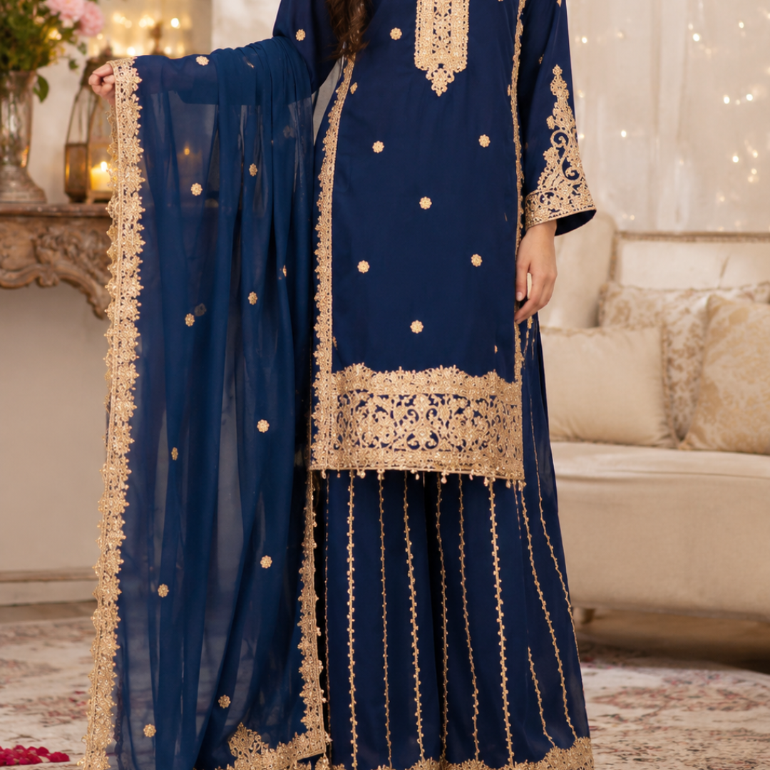 Navy Blue Chiffon  Embroidered  Hand work 3 Piece Suit