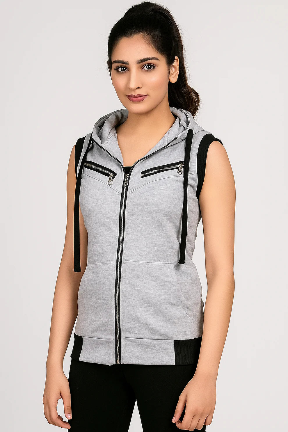 Gray Sleeveless Hooded Zipper For Women