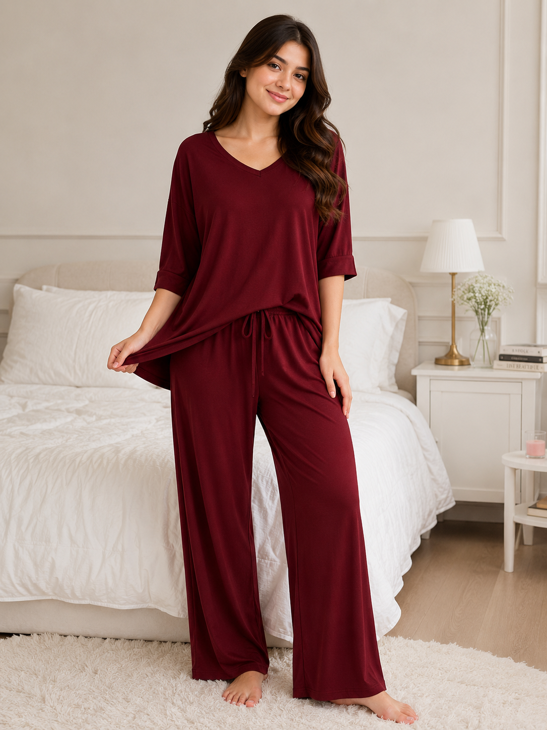 Maroon Plain Palazo Night Suit