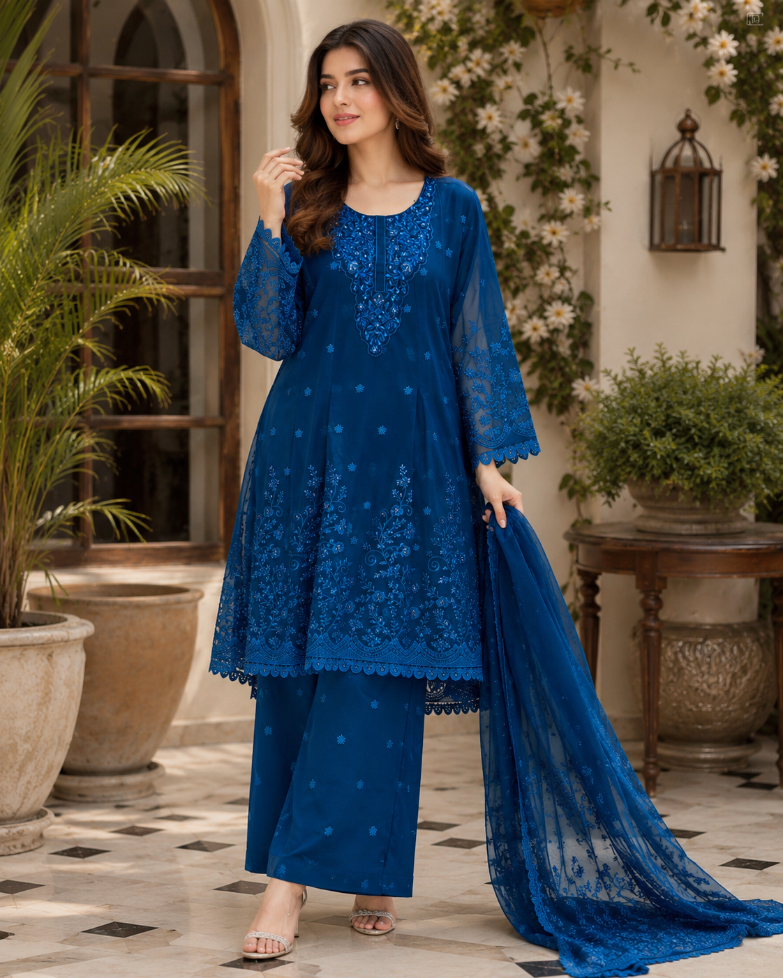 Blue Majesty Chiffon & Shisha Silk Hand Work 3 Piece Suit