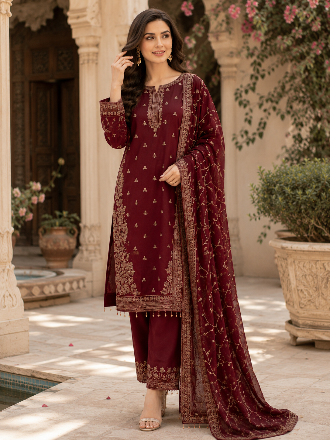 Burgundy Grace Chiffon & Shisha Silk Hand Work 3 Piece Suit