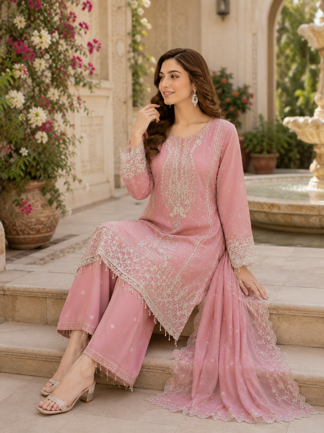 Pink Aura Chiffon & Shisha Silk Hand Work 3 Piece Suit