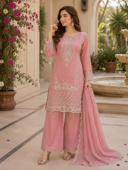 Pink Aura Chiffon & Shisha Silk Hand Work 3 Piece Suit