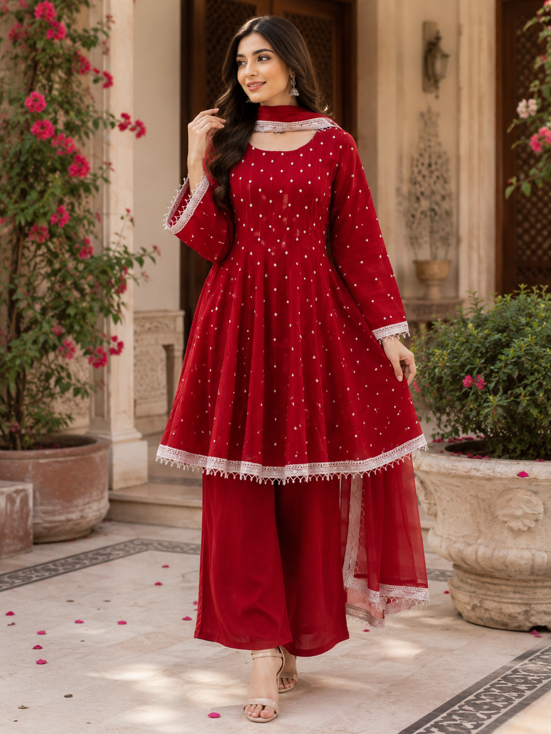 Ruby Blossom Chiffon & Shisha Silk Hand Work 3 Piece Suit
