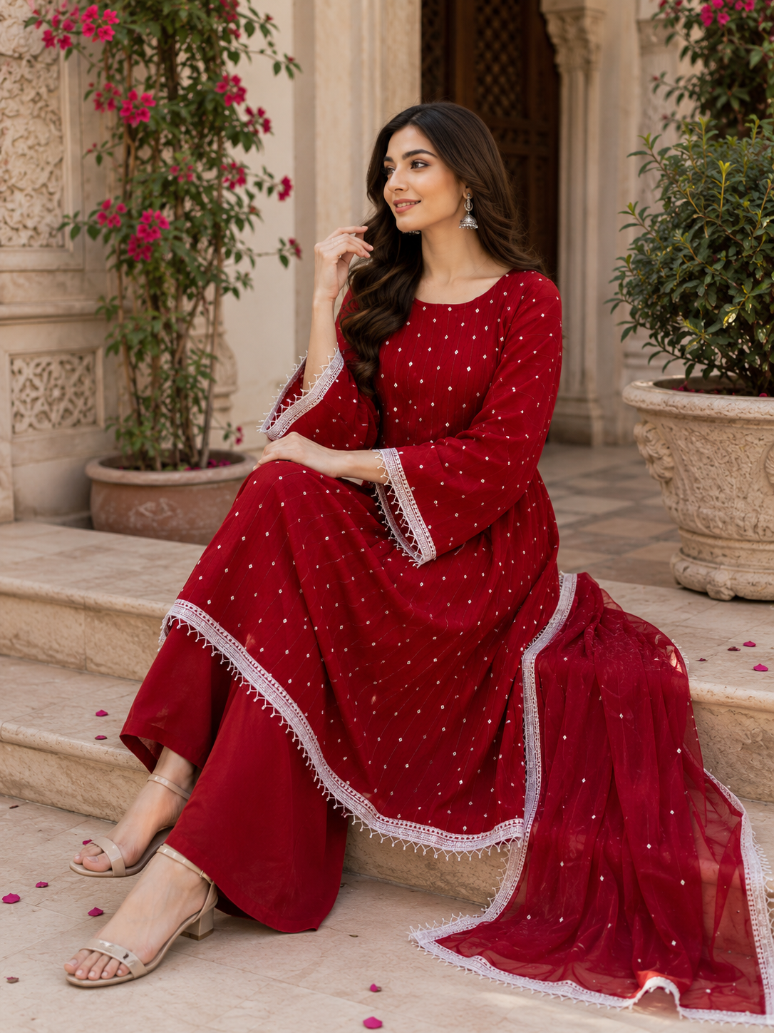 Ruby Blossom Chiffon & Shisha Silk Hand Work 3 Piece Suit