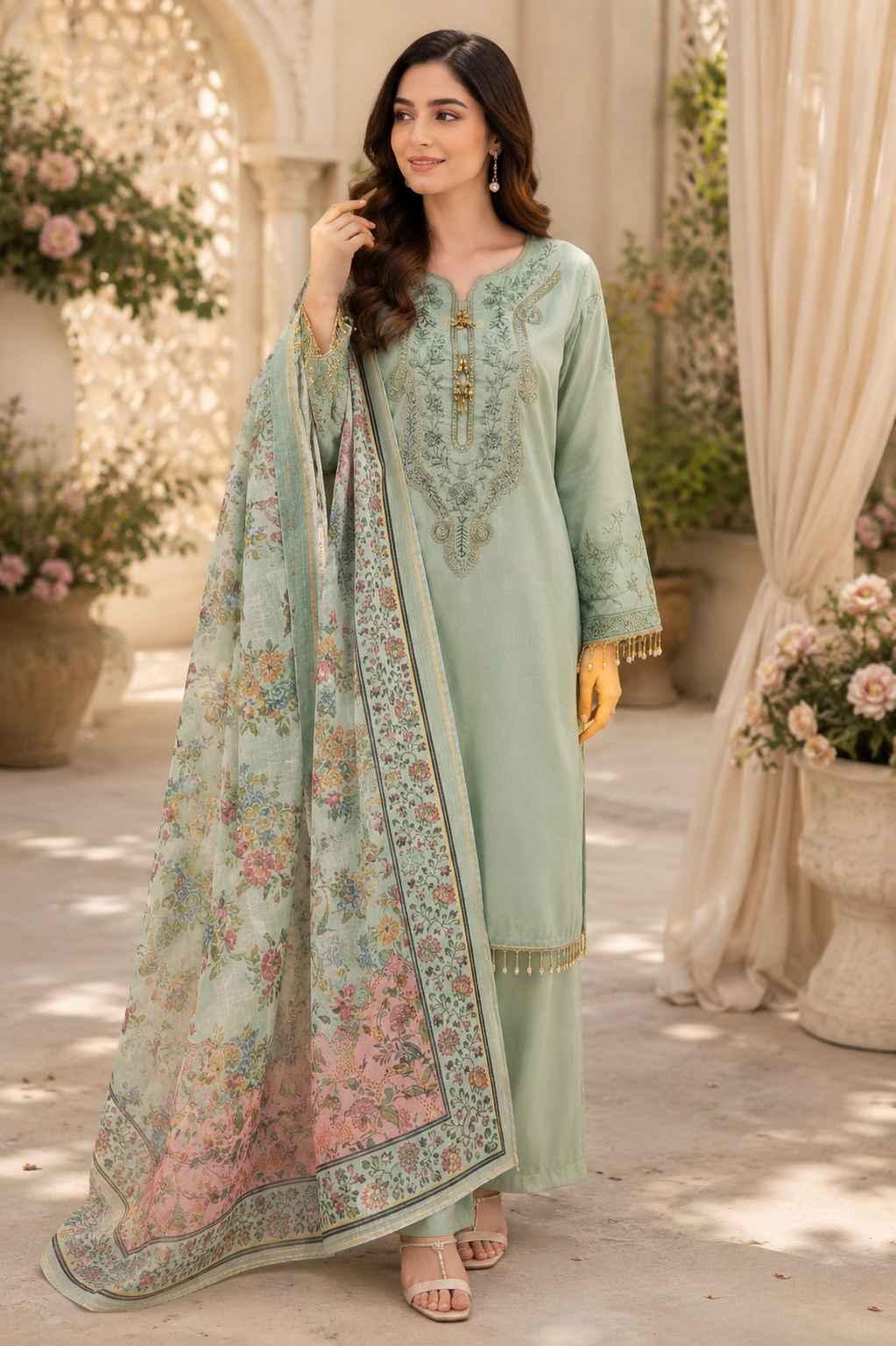 Mint Elegance Chiffon & Shisha Silk Hand Work 3 Piece Suit