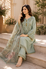 Mint Elegance Chiffon & Shisha Silk Hand Work 3 Piece Suit