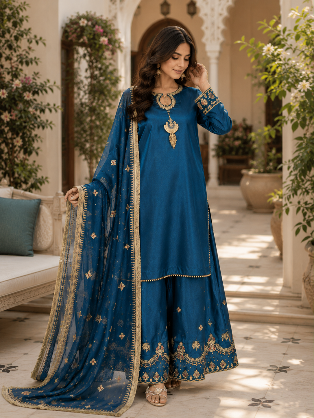 Royal Blue Chiffon & Shisha Silk Hand Work 3 Piece Suit