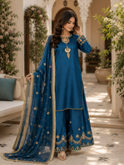 Royal Blue Chiffon & Shisha Silk Hand Work 3 Piece Suit