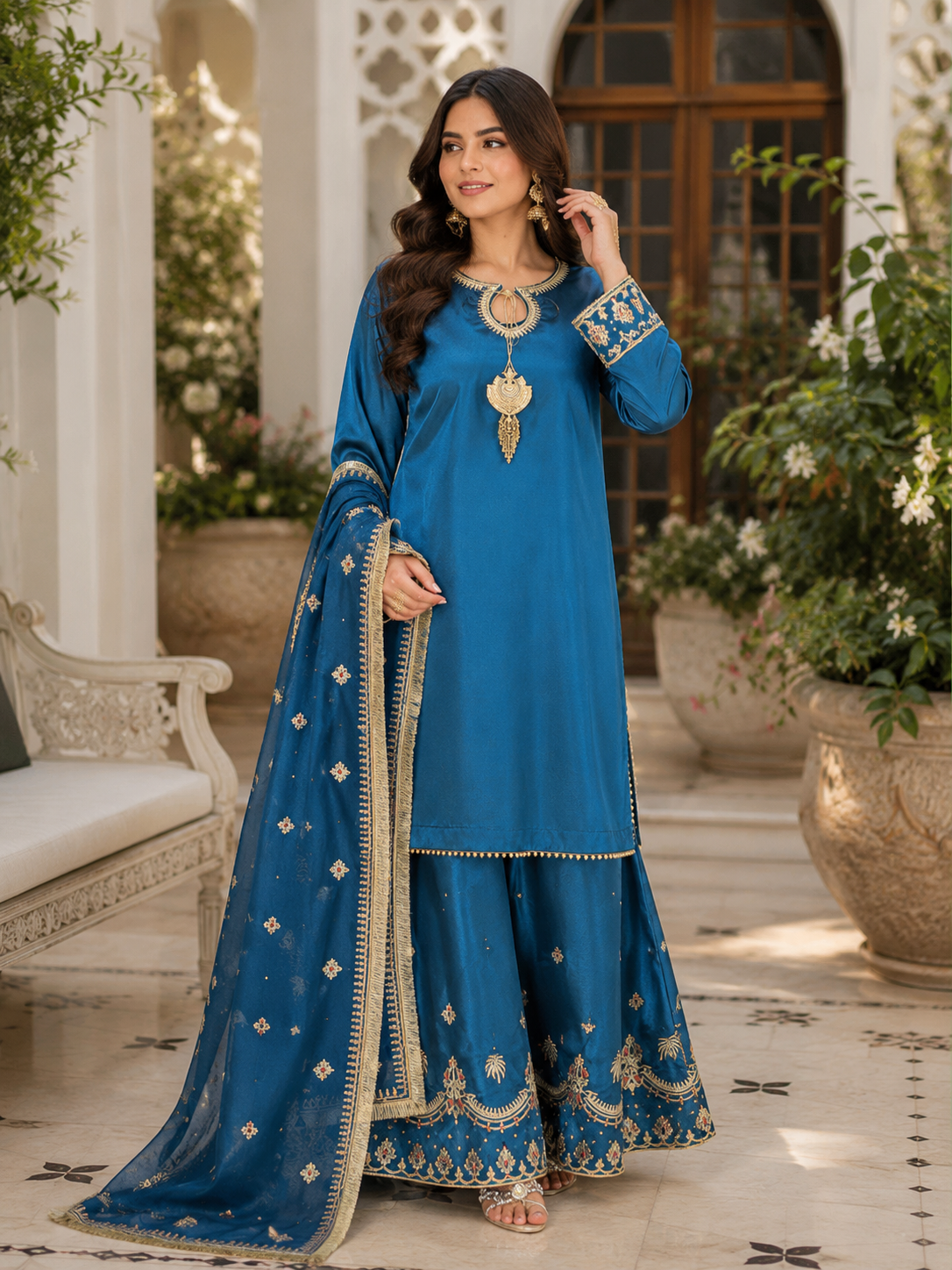 Royal Blue Chiffon & Shisha Silk Hand Work 3 Piece Suit