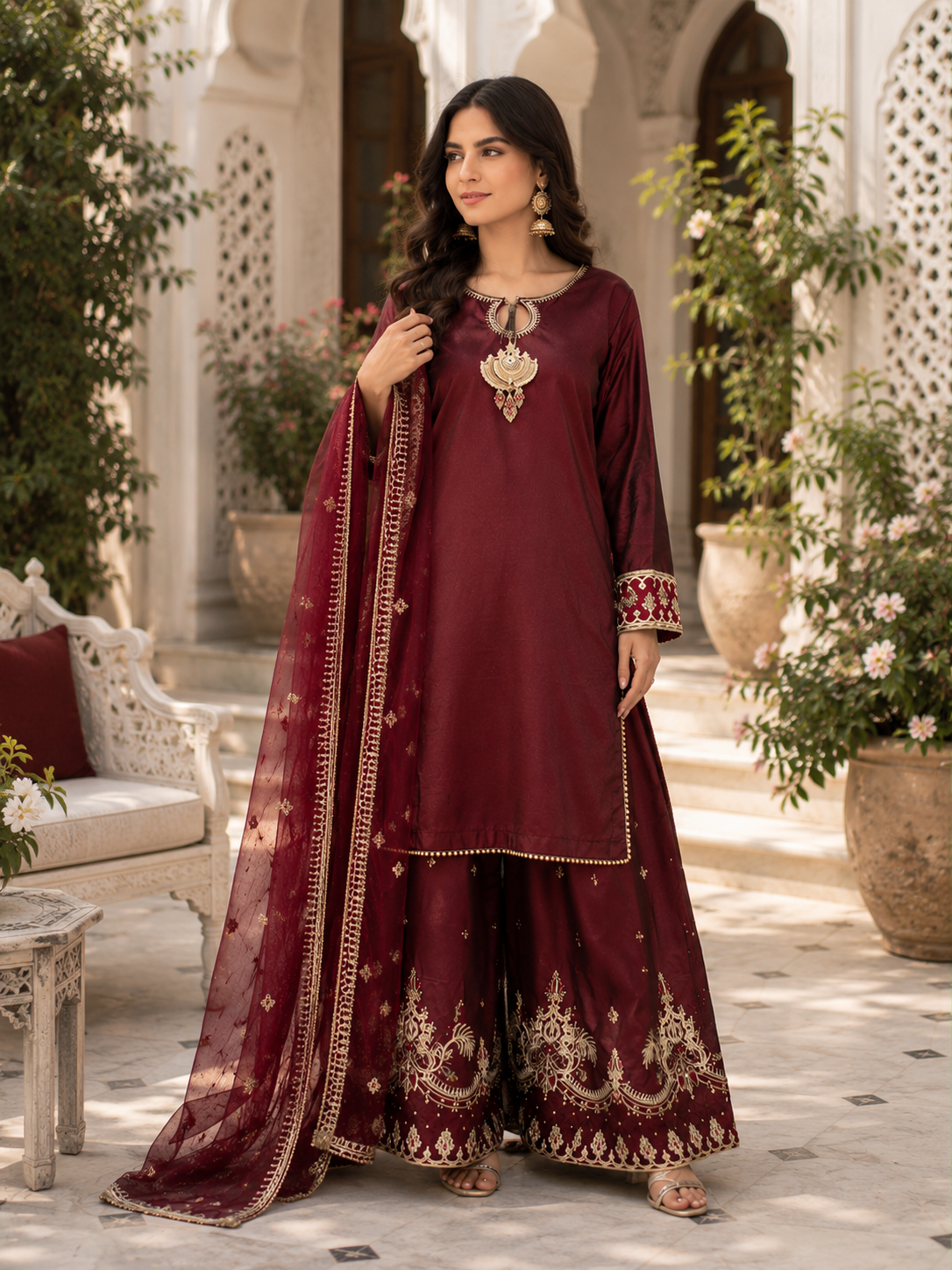 Royal Maroon Chiffon & Shisha Silk Hand Work 3 Piece Suit