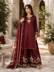 Royal Maroon Chiffon & Shisha Silk Hand Work 3 Piece Suit
