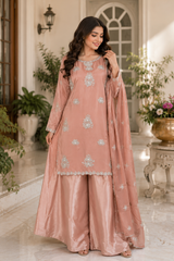 Rose Mist Peach Chiffon & Shisha Silk Hand Work 3 Piece Suit