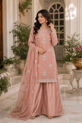 Rose Mist Peach Chiffon & Shisha Silk Hand Work 3 Piece Suit