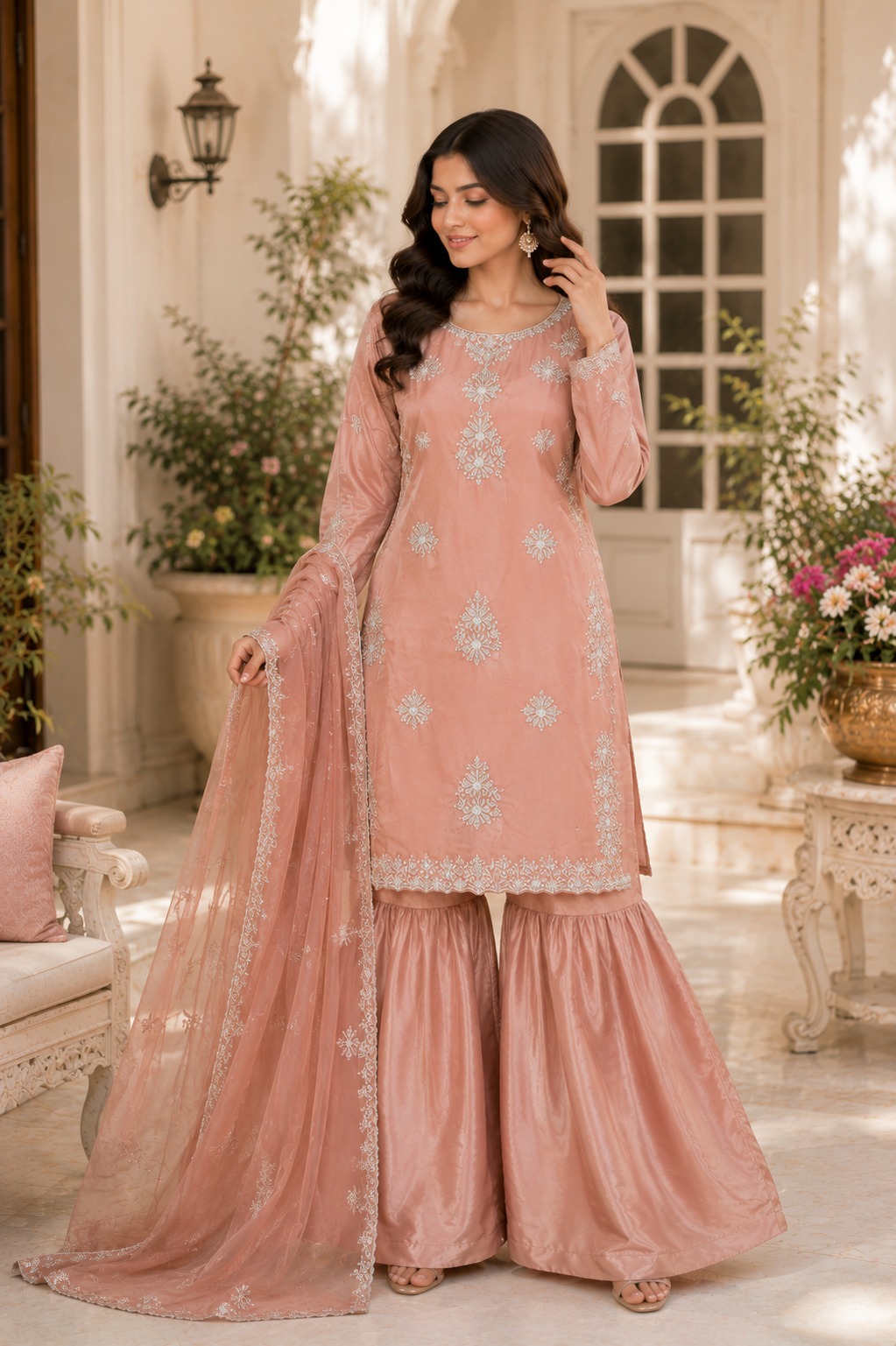 Rose Mist Peach Chiffon & Shisha Silk Hand Work 3 Piece Suit