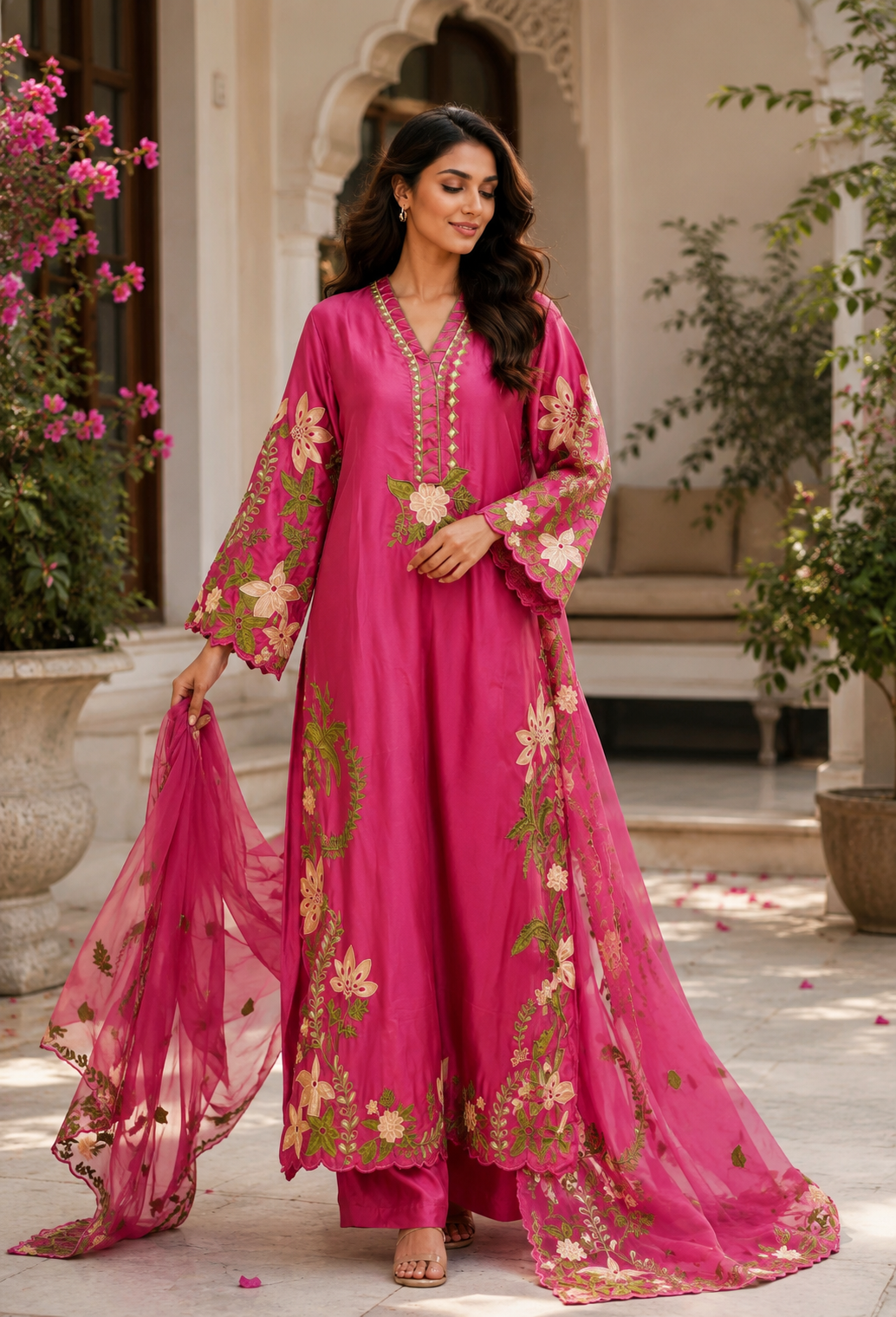 Noor Pink Chiffon & Shisha Silk Hand Work 3 Piece Suit