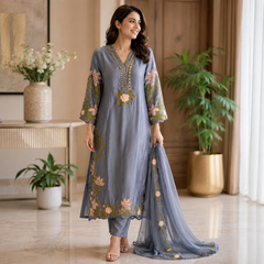 Noor Grey Chiffon & Shisha Silk Hand Work 3 Piece Suit
