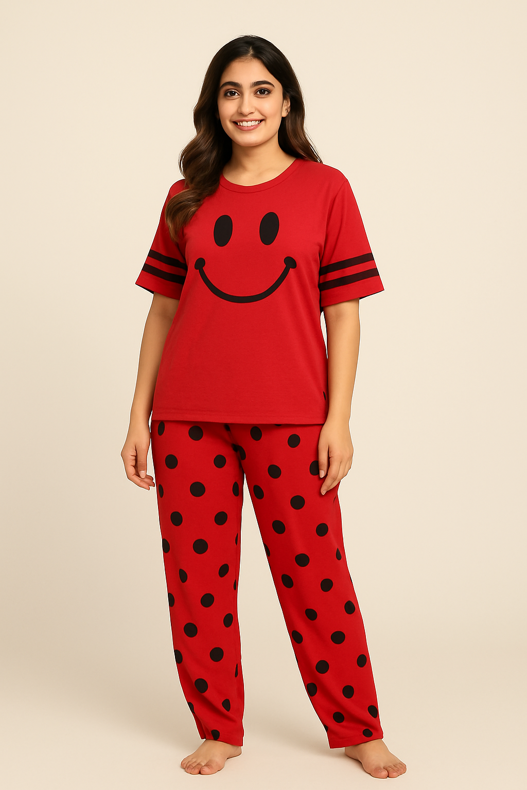 Nights Need  Red Smiley Full Sleeves Printed Pajama Night Suit