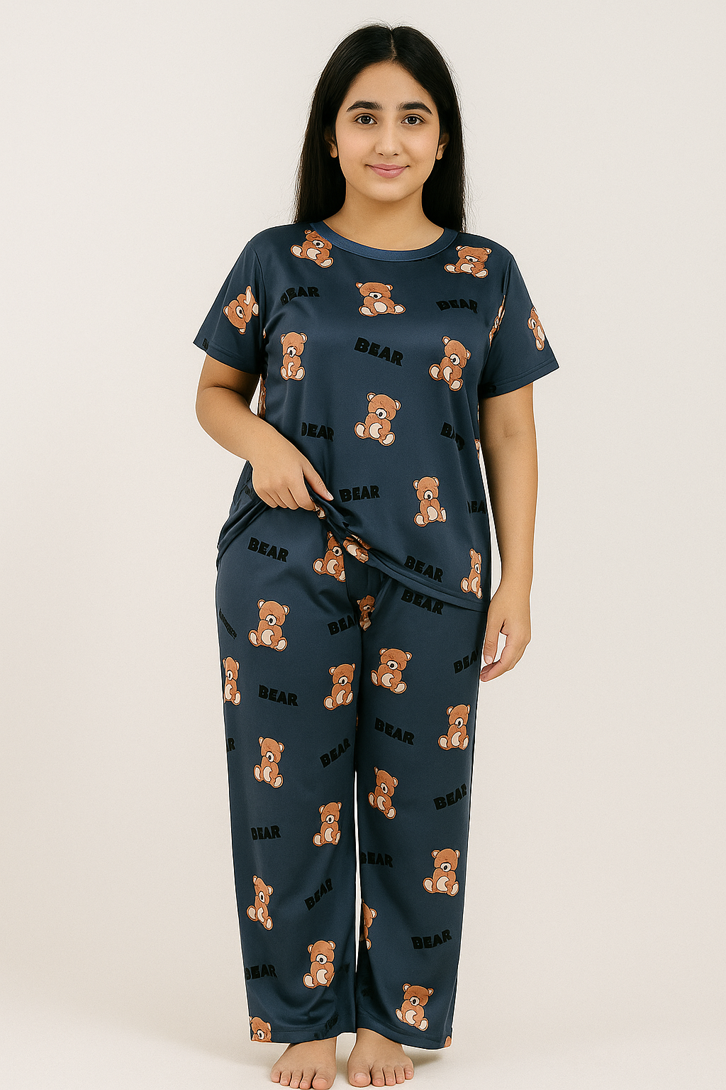 Gray Cozy Bear Printed Night Suit