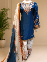 Blue Majesty Chiffon & Shisha Silk Embroidere Hand Work 3 Piece Suit (Copy)