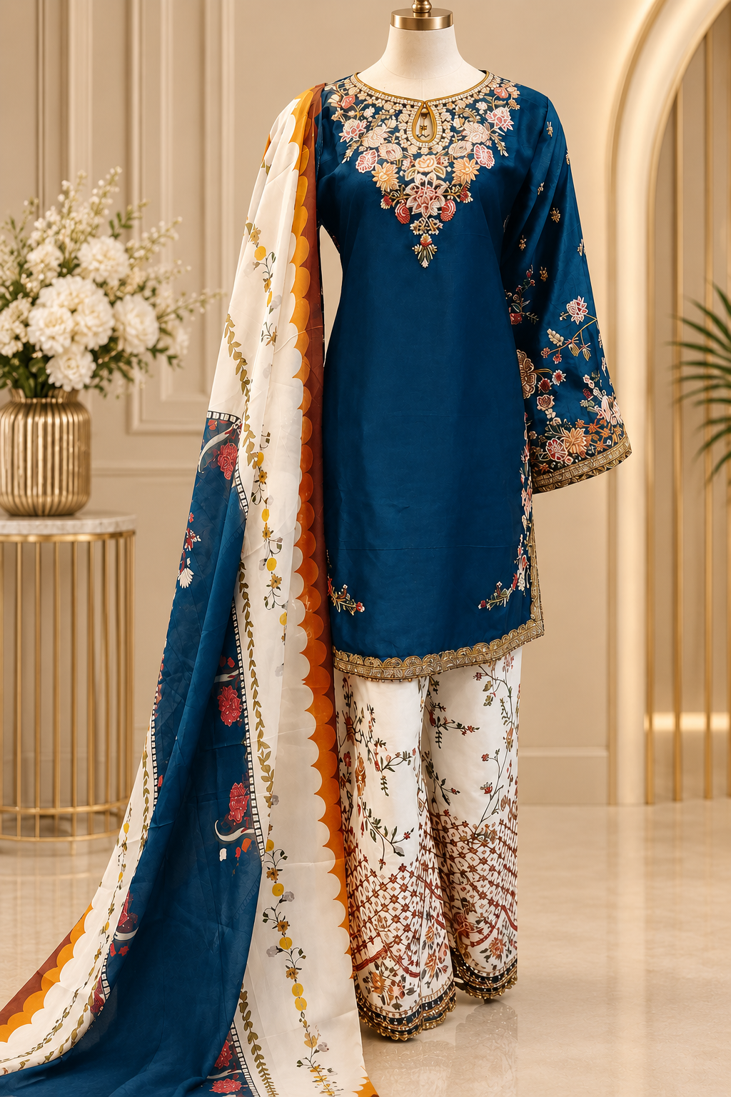 Blue Majesty Chiffon & Shisha Silk Embroidere Hand Work 3 Piece Suit (Copy)