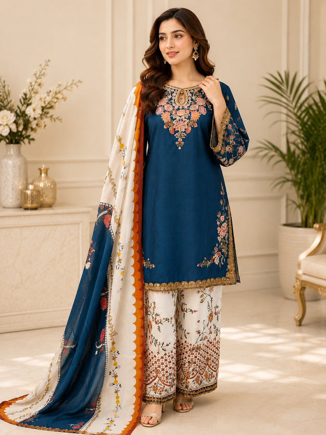 Blue Majesty Chiffon & Shisha Silk Embroidere Hand Work 3 Piece Suit (Copy)
